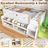 3ft Single Wooden Mid Sleeper Bed with LED Lights - Kids Bed Frame with Storage Stairs, Shelf, Under-Bed Space, Safety Guard Rails and Moon and Star Design, Natural Wood and White