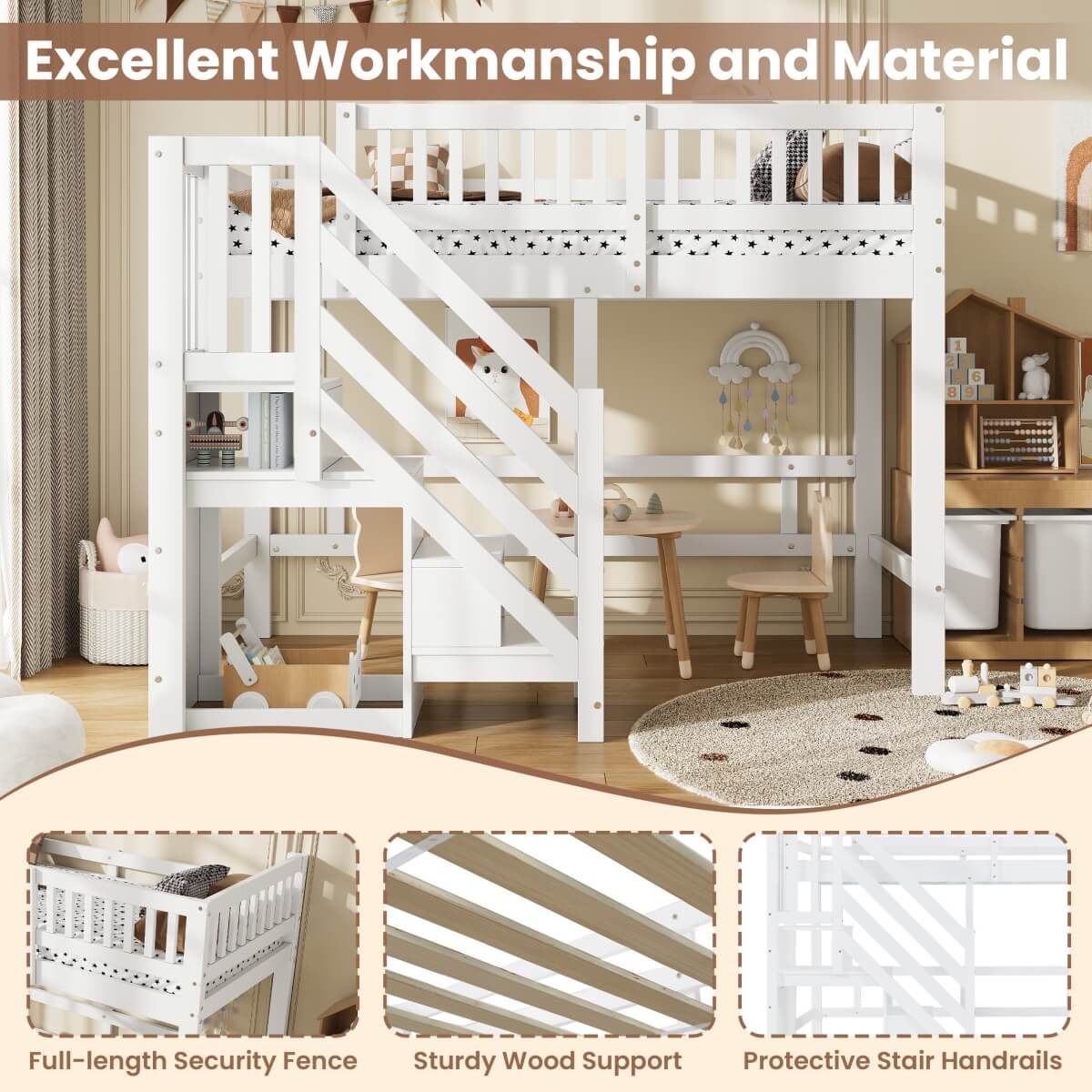 3ft Single Wooden Loft Bed - Storage Staircase with Open Compartments, Under-Bed Space and Full-Length Safety Guard Rails, White