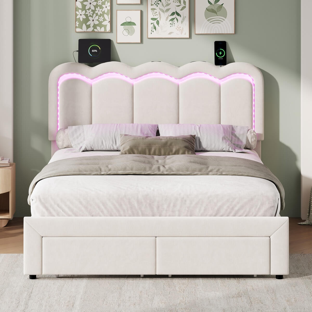 4ft6 Double Velvet Bed Frame with LED Wavy Headboard - Upholstered Bed with Storage Drawers, Charging Station, Beige