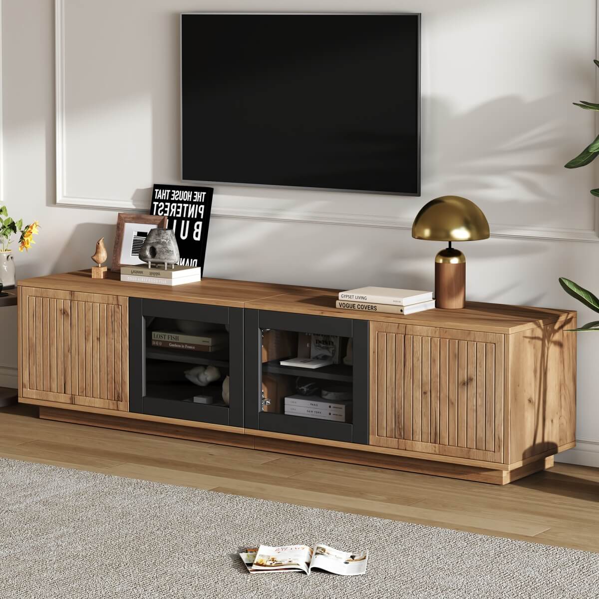 180cm TV Unit for TVs up to 75 Inch - Natural Wood Effect and Black TV Stand with Glass Doors, LED Light Strip and Large Storage Cabinets