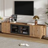180cm TV Unit for TVs up to 75 Inch - Natural Wood Effect and Black TV Stand with Glass Doors, LED Light Strip and Large Storage Cabinets