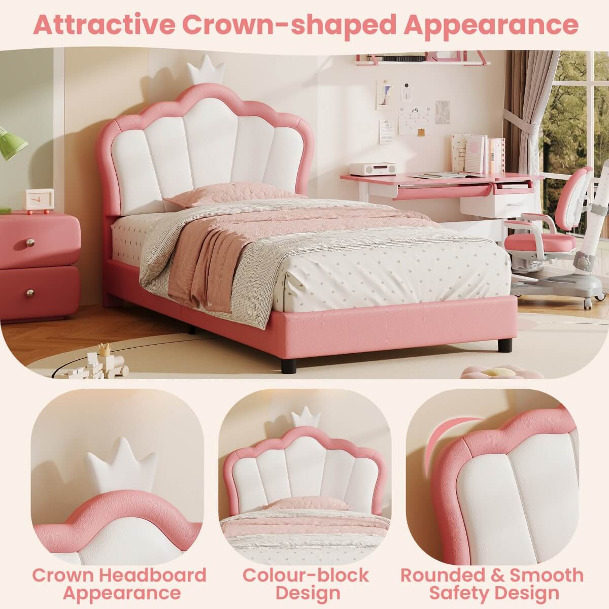 3ft Single Upholstered Bed Frame with Adjustable Crown Headboard - PU Platform Bed with Sturdy Support, No Box Spring Required, Pink and White