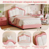 3ft Single Upholstered Bed Frame with Adjustable Crown Headboard - PU Platform Bed with Sturdy Support, No Box Spring Required, Pink and White