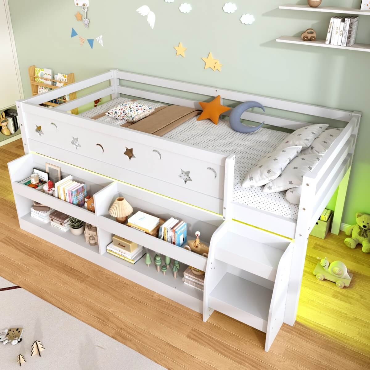 3ft Single Wooden Mid Sleeper Bed with LED Lights - Kids Bed Frame with Storage Stairs, Shelf, Under-Bed Space, Safety Guard Rails and Moon and Star Design, White