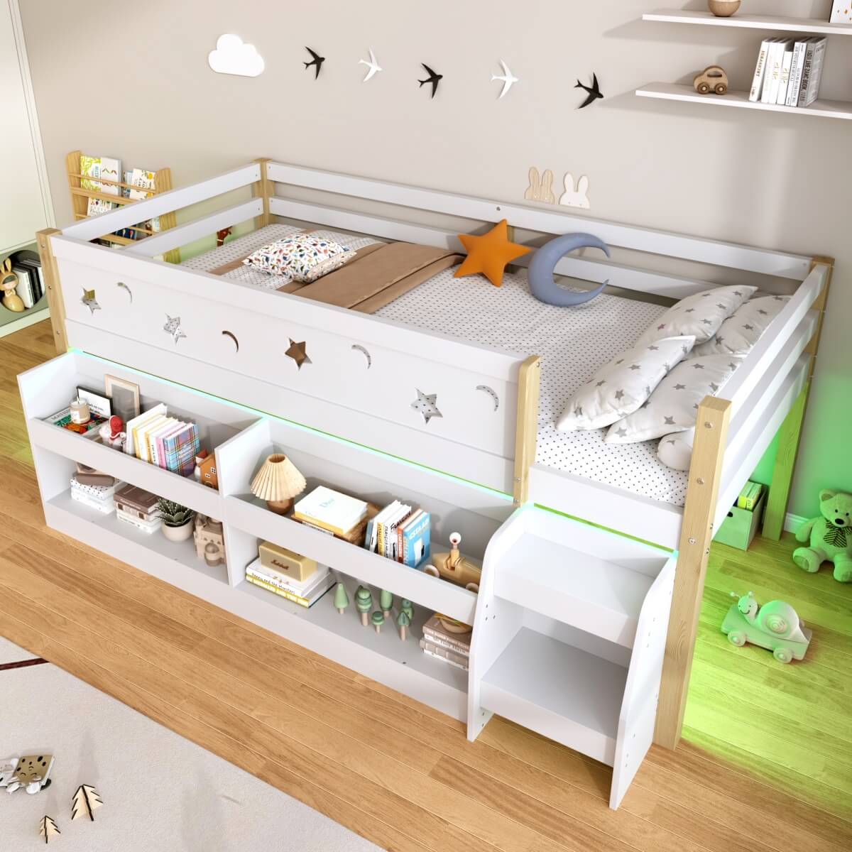 3ft Single Wooden Mid Sleeper Bed with LED Lights - Kids Bed Frame with Storage Stairs, Shelf, Under-Bed Space, Safety Guard Rails and Moon and Star Design, Natural Wood and White