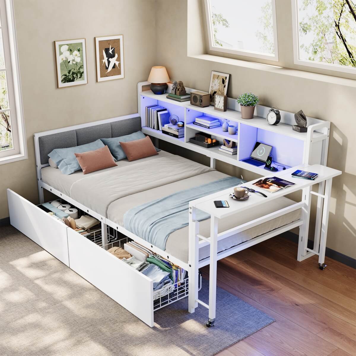 3ft Single Metal Bed Frame with Storage Drawers and Bookcase - L-Shaped Storage Bed with LED Lights, Charging Station, Linen Headboard and 90-Degree Folding Table, White