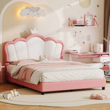 4ft6 Double Upholstered Bed Frame with Adjustable Crown Headboard - PU Platform Bed with Sturdy Support, Easy Assembly, Pink and White