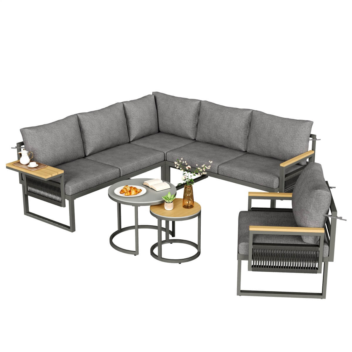 5-6 Seater Rope Woven Garden Furniture Set - Corner Sofa with Armchair and Nesting Coffee Tables, Grey