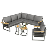 5-6 Seater Rope Woven Garden Furniture Set - Corner Sofa with Armchair and Nesting Coffee Tables, Grey