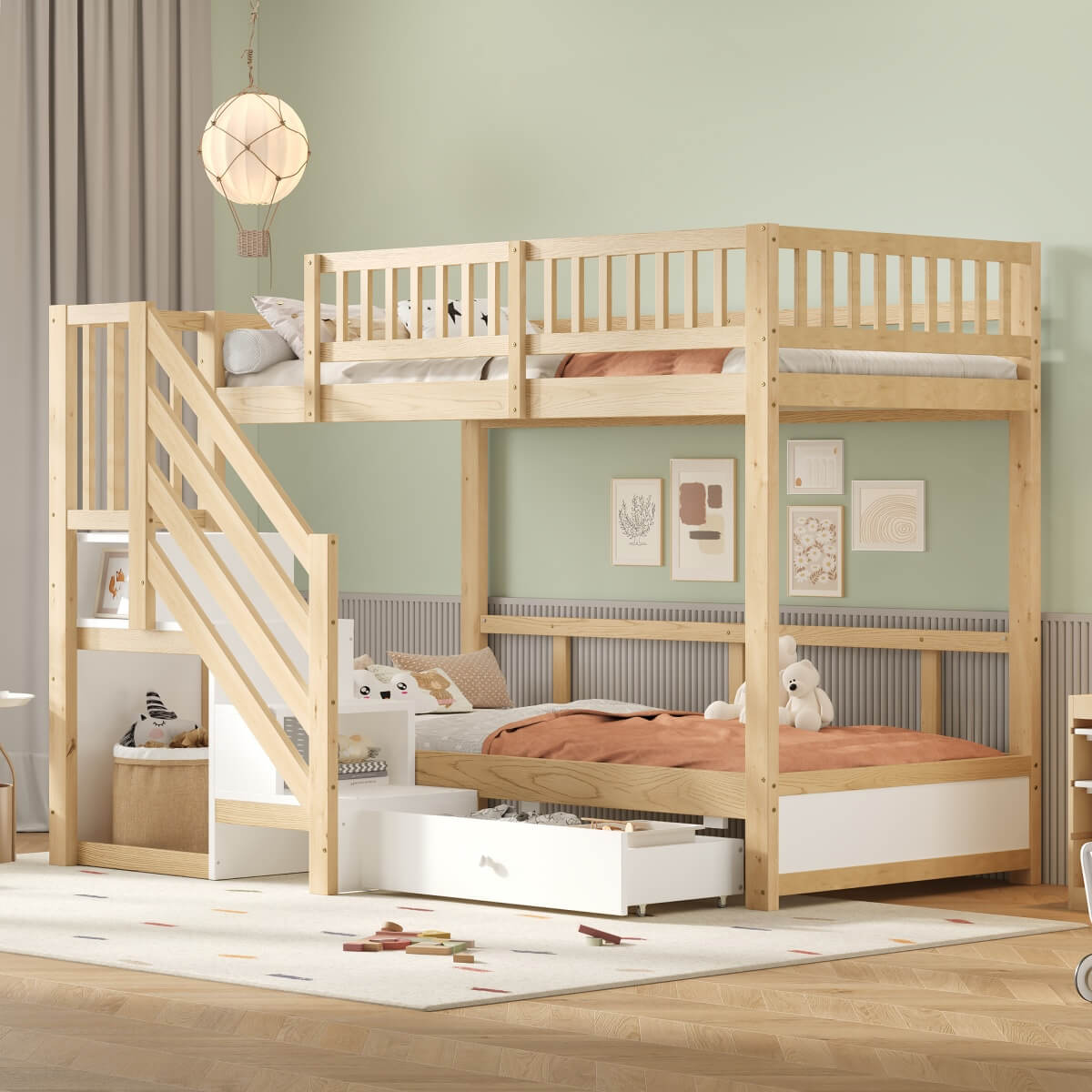 3ft Single over Single Wooden Bunk Bed - Storage Staircase with Open Compartments, Drawer Storage and Full-Length Safety Guard Rails, Natural Wood and White