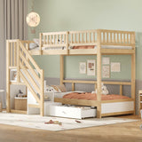 3ft Single over Single Wooden Bunk Bed - Storage Staircase with Open Compartments, Drawer Storage and Full-Length Safety Guard Rails, Natural Wood and White