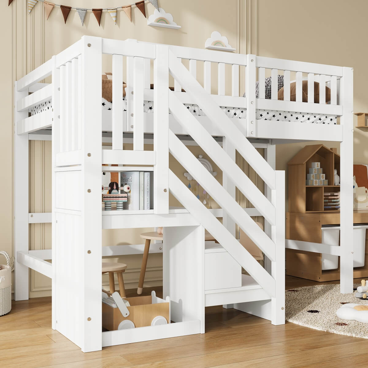 3ft Single Wooden Loft Bed - Storage Staircase with Open Compartments, Under-Bed Space and Full-Length Safety Guard Rails, White
