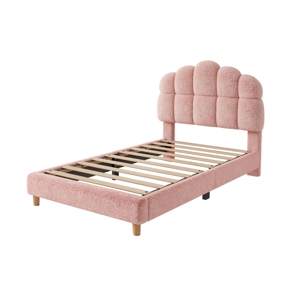 3ft Single Boucle Upholstered Bed Frame with Cloud-Shaped Headboard - Adjustable Headboard, Solid Wood Legs and Sturdy Support, No Box Spring Required, Pink