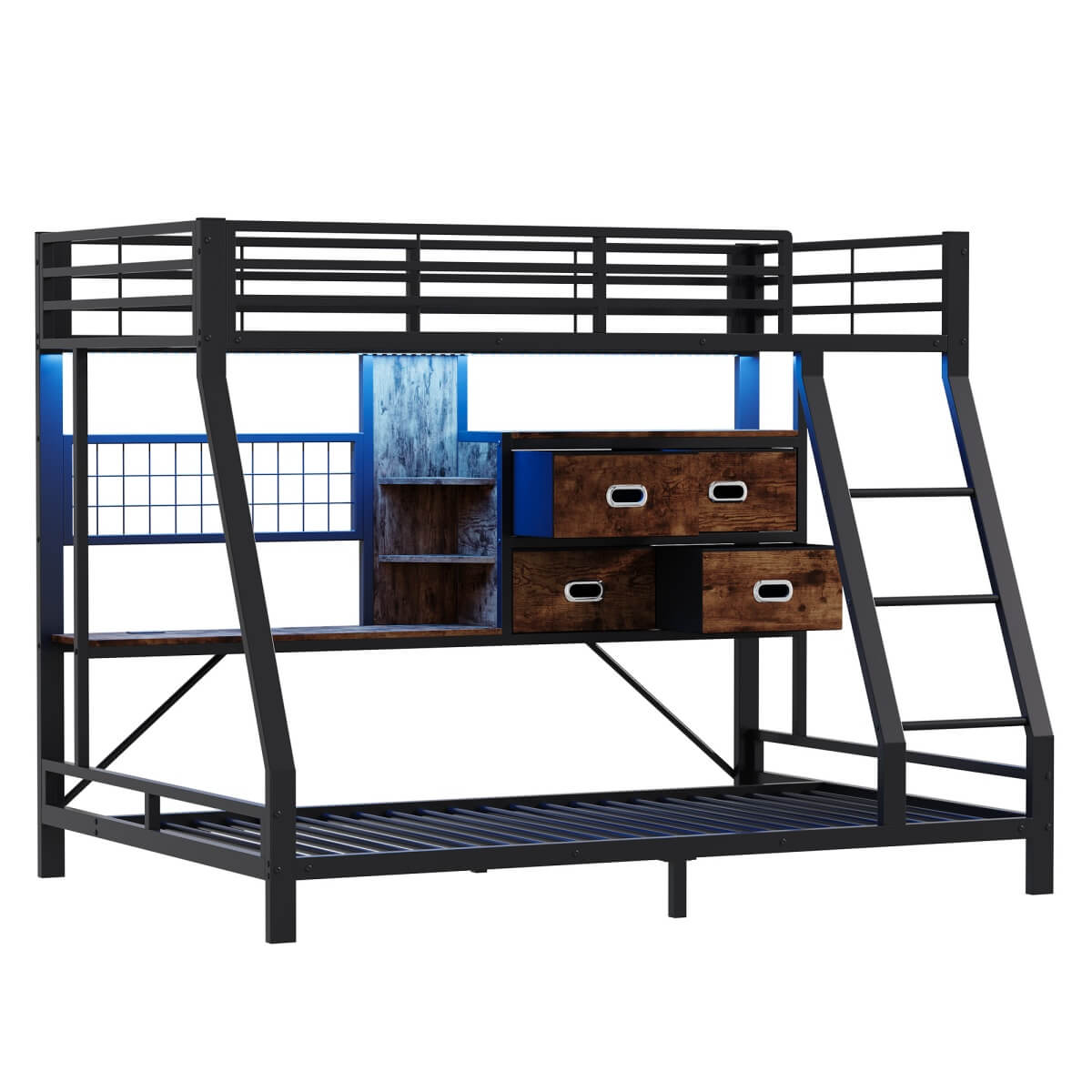 3ft Single over Single Metal Bunk Bed with Desk - RGB LED Lights, Charging Station, Grid Wall Panel, Fabric Storage Bins and Ladder, Black and Dark Walnut