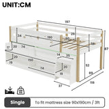 3ft Single Wooden Mid Sleeper Bed with LED Lights - Kids Bed Frame with Storage Stairs, Shelf, Under-Bed Space, Safety Guard Rails and Moon and Star Design, Natural Wood and White