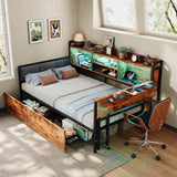 3ft Single Metal Bed Frame with Storage Drawers and Bookcase - L-Shaped Storage Bed with LED Lights, Charging Station, Linen Headboard and Folding Tabletop, Black and Dark Walnut