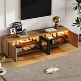 180cm TV Unit for TVs up to 75 Inch - Natural Wood Effect and Black TV Stand with Glass Doors, LED Light Strip and Large Storage Cabinets