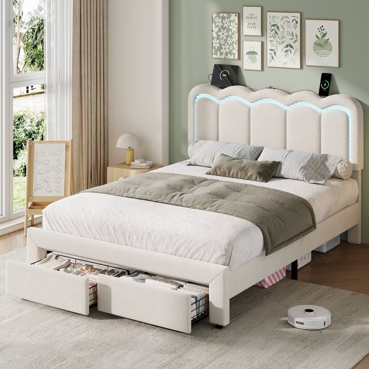4ft6 Double Velvet Bed Frame with LED Wavy Headboard - Upholstered Bed with Storage Drawers, Charging Station, Beige