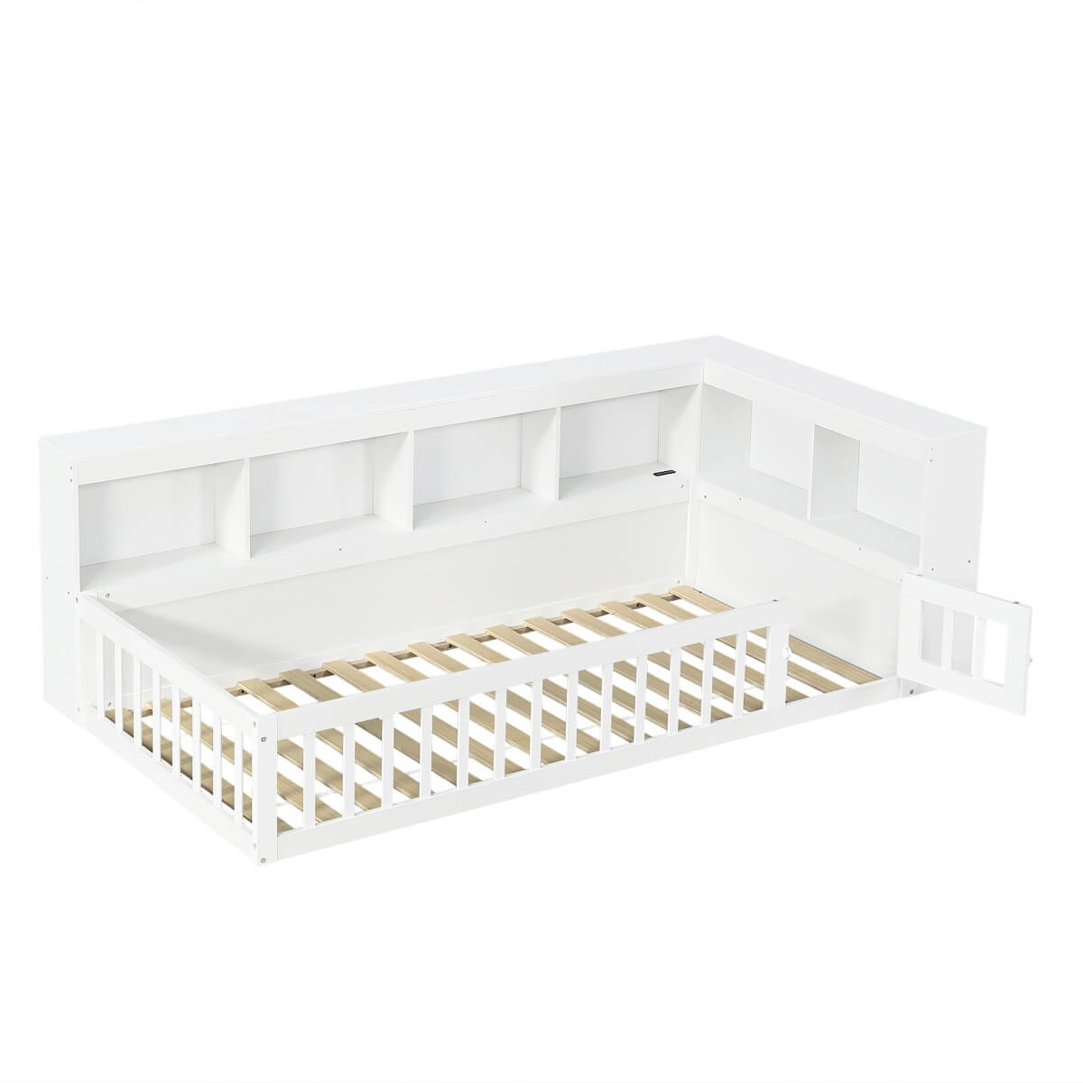 3ft Single Floor Bed Frame with Bookcase & Storage Shelves - Full Floor Bed with Guardrails, Door & USB/Type-C Ports, White