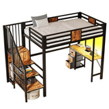 3ft Single Metal Loft Bed with LED Lights - High Sleeper Bed Frame with Built-In Desk, Charging Station, Pull-Out Fabric Storage Bins and Large Under-Bed Space, Black and Dark Walnut