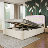 4ft6 Double Boucle Ottoman Bed Frame with Hydraulic Storage - RGB LED Lights, USB-C Charging Ports, Beige
