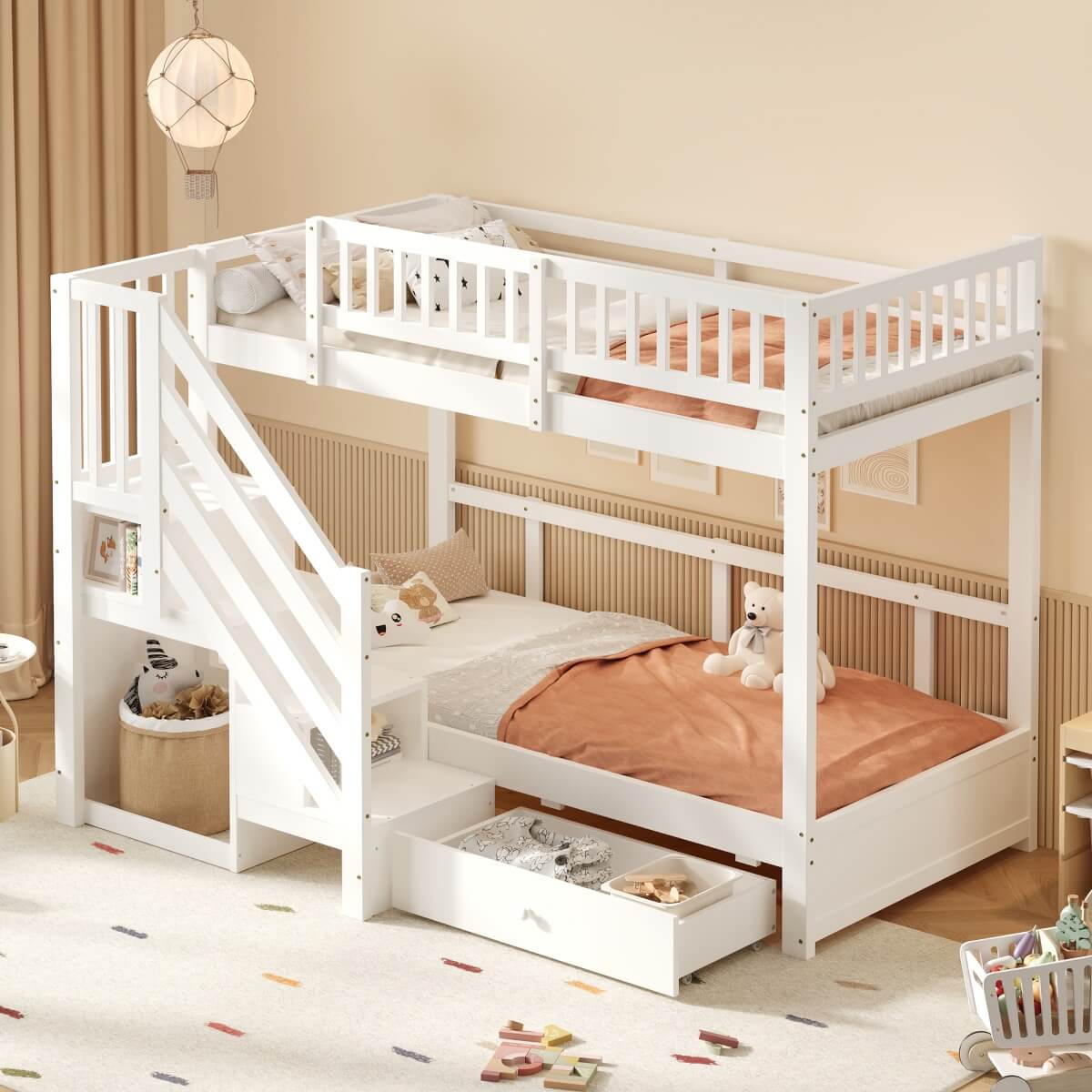 3ft Single over Single Wooden Bunk Bed - Storage Staircase with Open Compartments, Drawer Storage and Full-Length Safety Guard Rails, White