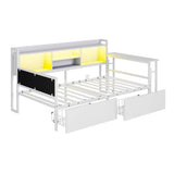 3ft Single Metal Bed Frame with Storage Drawers and Bookcase - L-Shaped Storage Bed with LED Lights, Charging Station, Linen Headboard and 90-Degree Folding Table, White
