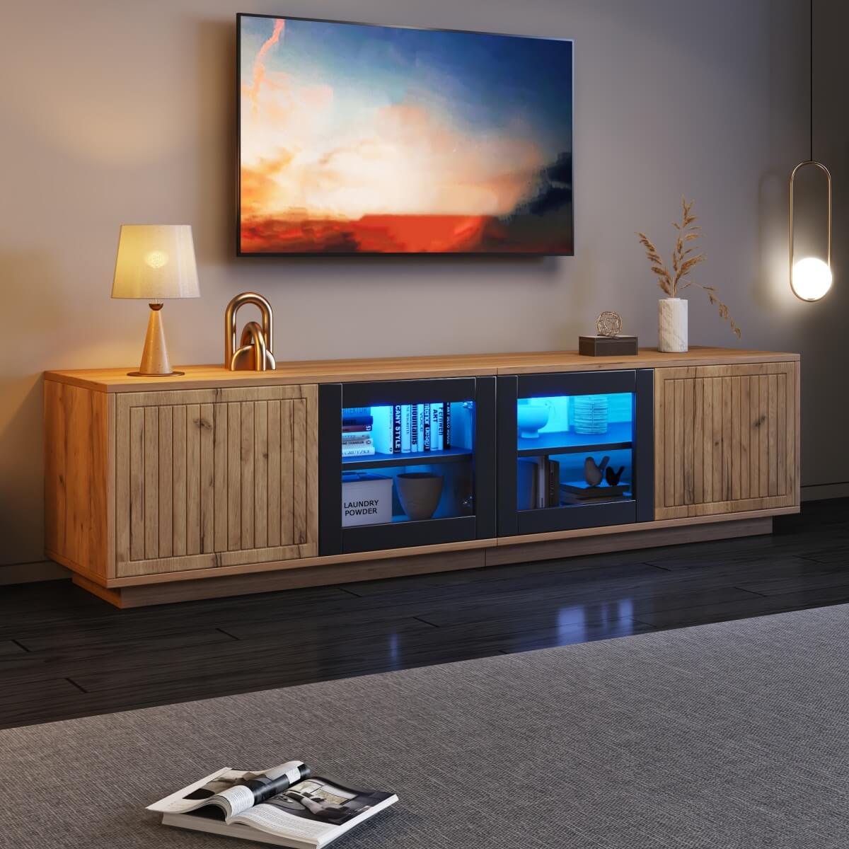 180cm TV Unit for TVs up to 75 Inch - Natural Wood Effect and Black TV Stand with Glass Doors, LED Light Strip and Large Storage Cabinets