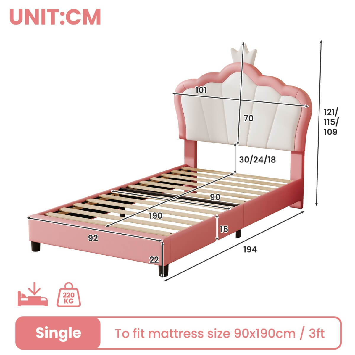 3ft Single Upholstered Bed Frame with Adjustable Crown Headboard - PU Platform Bed with Sturdy Support, No Box Spring Required, Pink and White