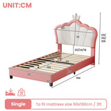 3ft Single Upholstered Bed Frame with Adjustable Crown Headboard - PU Platform Bed with Sturdy Support, No Box Spring Required, Pink and White