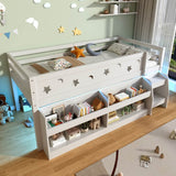3ft Single Wooden Mid Sleeper Bed with LED Lights - Kids Bed Frame with Storage Stairs, Shelf, Under-Bed Space, Safety Guard Rails and Moon and Star Design, White