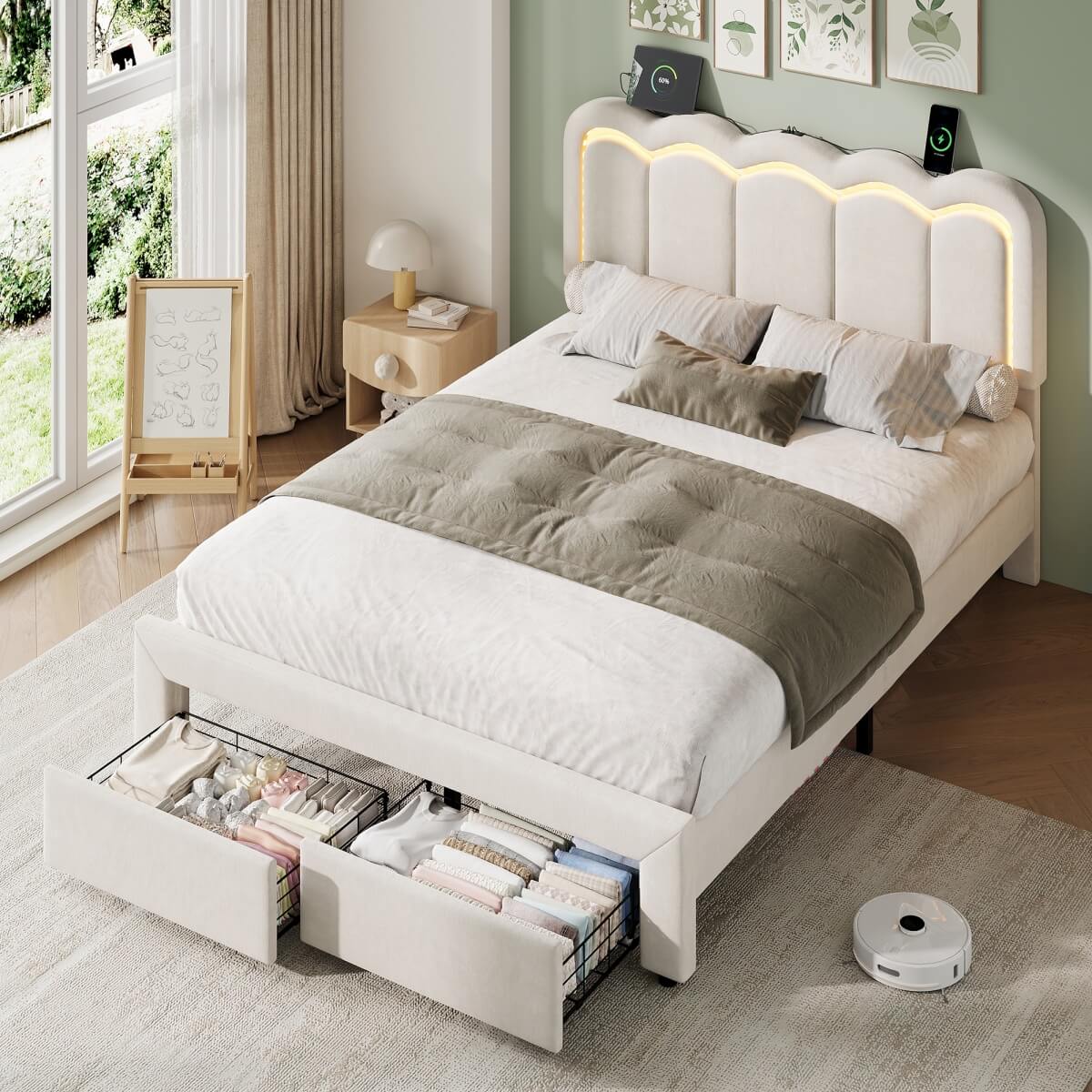 4ft6 Double Velvet Bed Frame with LED Wavy Headboard - Upholstered Bed with Storage Drawers, Charging Station, Beige