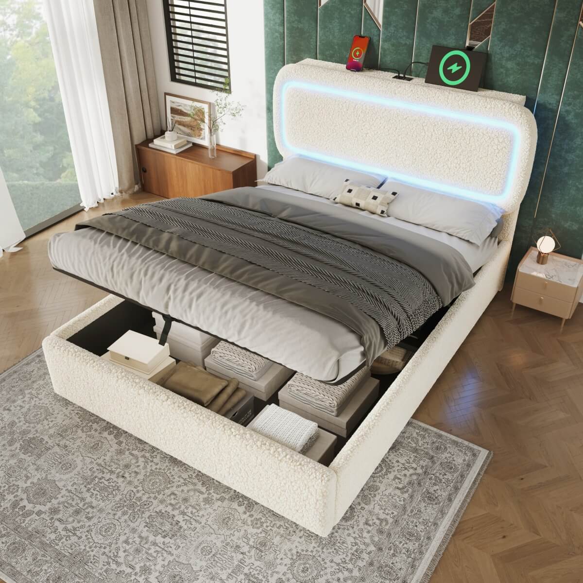 4ft6 Double Boucle Ottoman Bed Frame with Hydraulic Storage - RGB LED Lights, USB-C Charging Ports, Beige