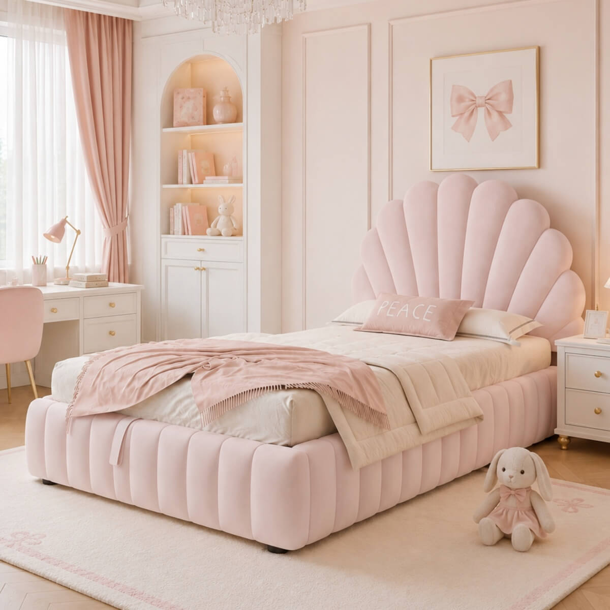 3ft Single Kids Storage Bed - Velvet Princess Bed with Shell-Shaped Padded Headboard & Hydraulic Lift-Up Storage, Pink