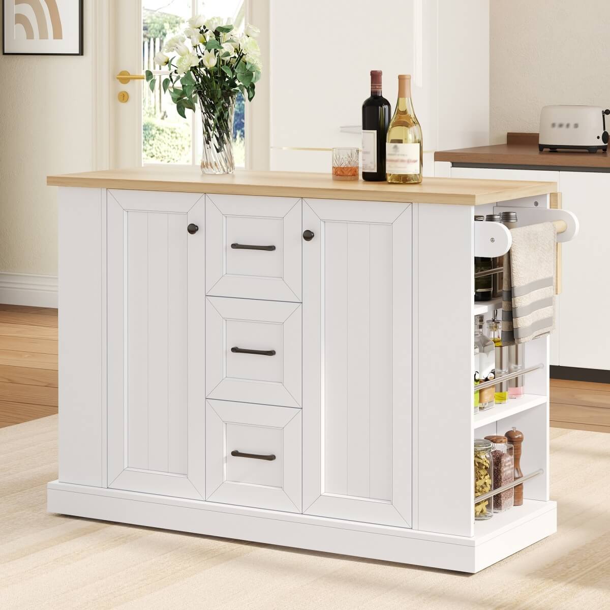Kitchen Island Trolley with Foldable Worktop - Kitchen Cart on Wheels with Double-Sided 3-Tier Storage Shelves, 3 Drawers and Lockable Castors