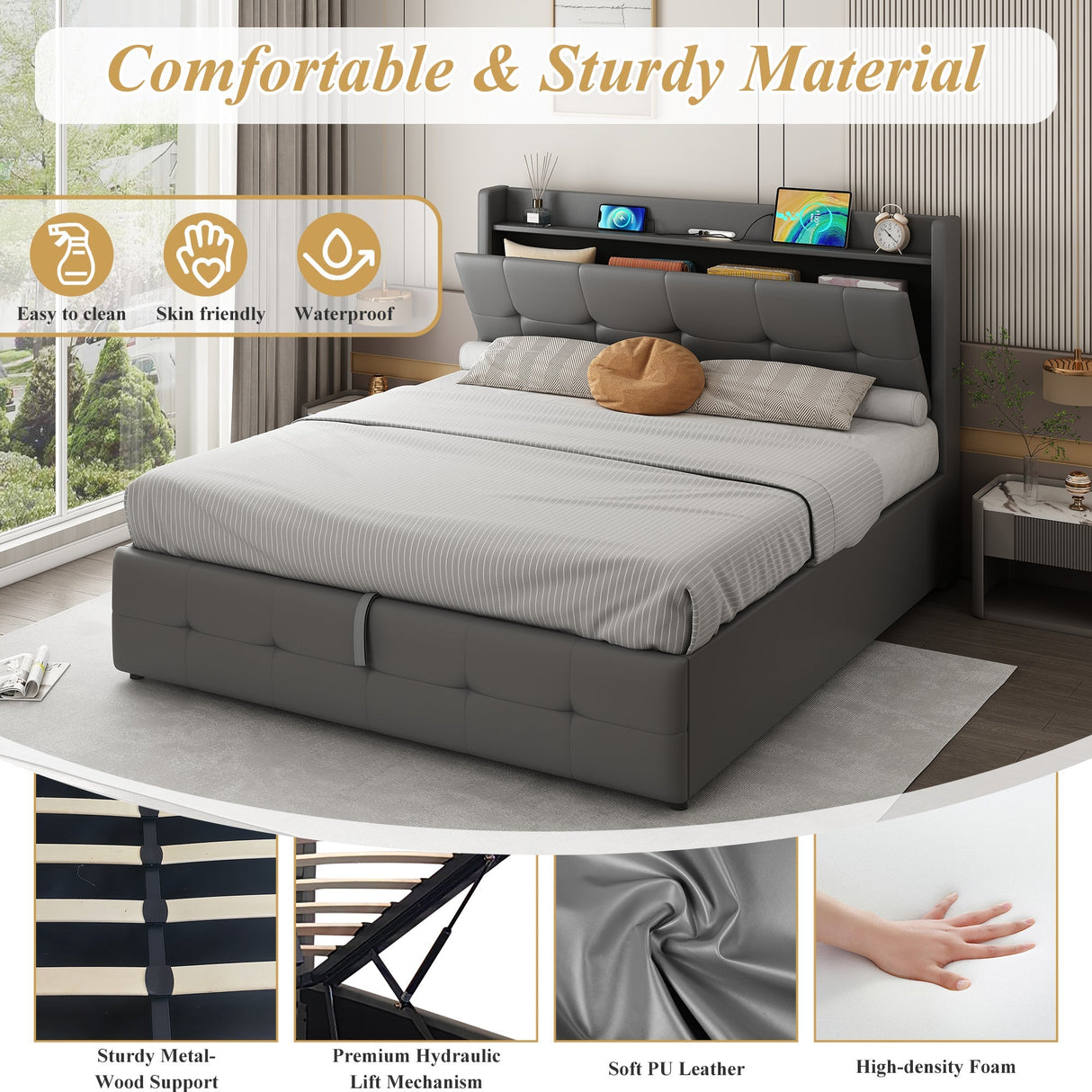 4ft6 Double Upholstered Bed Frame with Hydraulic Storage, Charging Station and LED Night Light, Grey