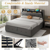 4ft6 Double Upholstered Bed Frame with Hydraulic Storage, Charging Station and LED Night Light, Grey