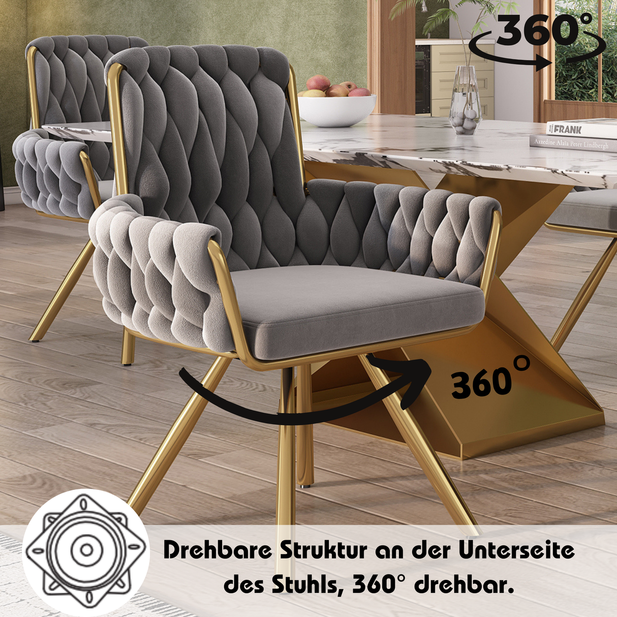Set of 4 Velvet Dining Chairs, Armchair Swivel Chair with Metal Legs, Gray