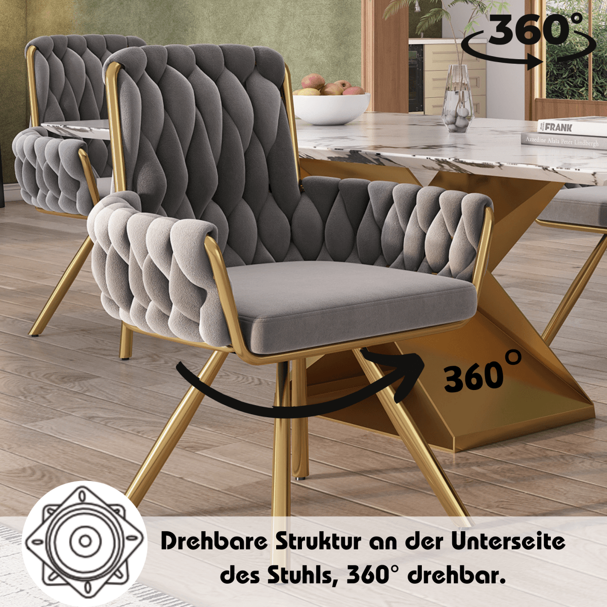 Set of 4 Velvet Swivel Dining Chairs - Luxury Armchairs with Metal Legs, Grey