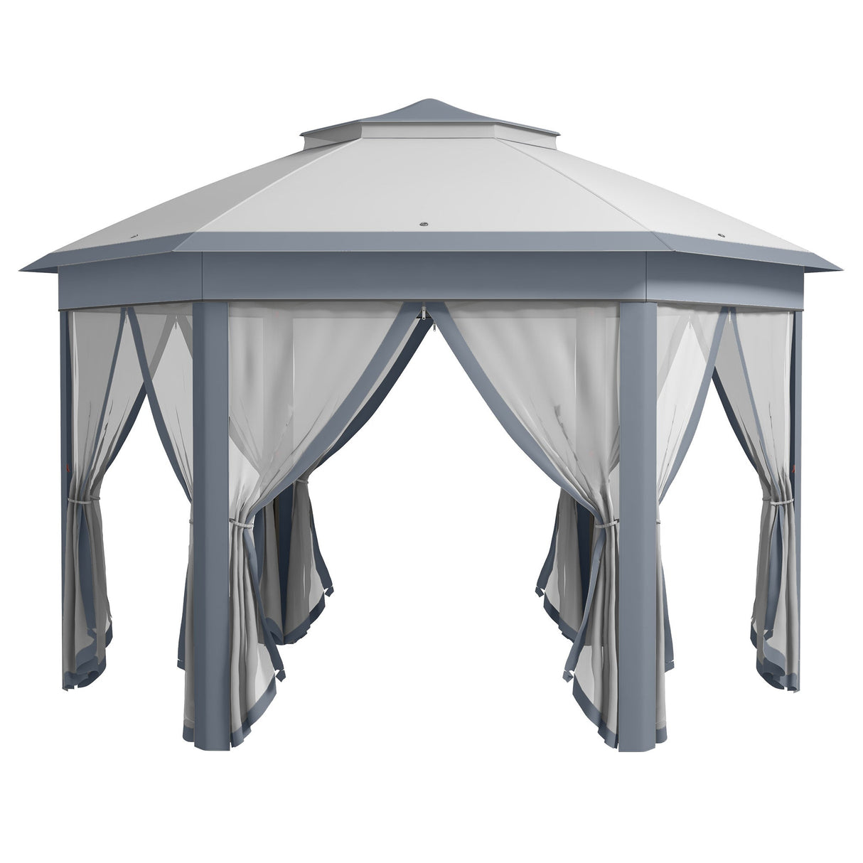 Metal Frame Hexagon Gazebo, 3 x 4m with Curtains - Grey