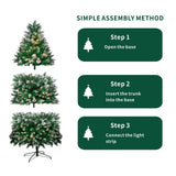 Snow Flocked Artificial Christmas Tree with Pine Cones - Pre-Lit or Unlit PVC Xmas Tree, Warm White LEDs, 5ft 6ft 7ft
