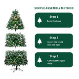 Snow Flocked Artificial Christmas Tree with Pine Cones - Full PVC Xmas Tree with 8-Mode Warm White LED Lights, 6ft/7ft