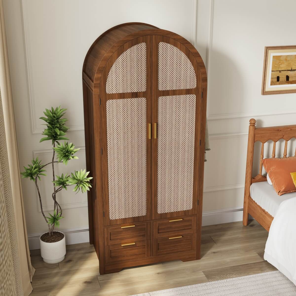 Modern Wardrobe with Curved Doors - Bedroom Storage Cabinet with Hanging Rail and Drawers, Walnut