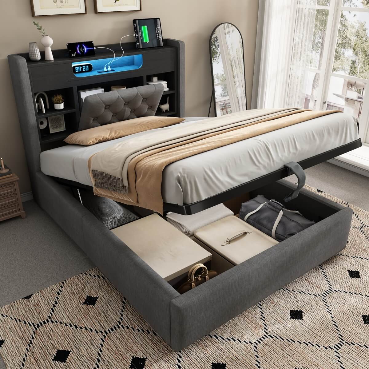 4ft6 Double Upholstered Storage Bed with Hydraulic Lift - LED Lighting & Charging Station, Linen, Grey