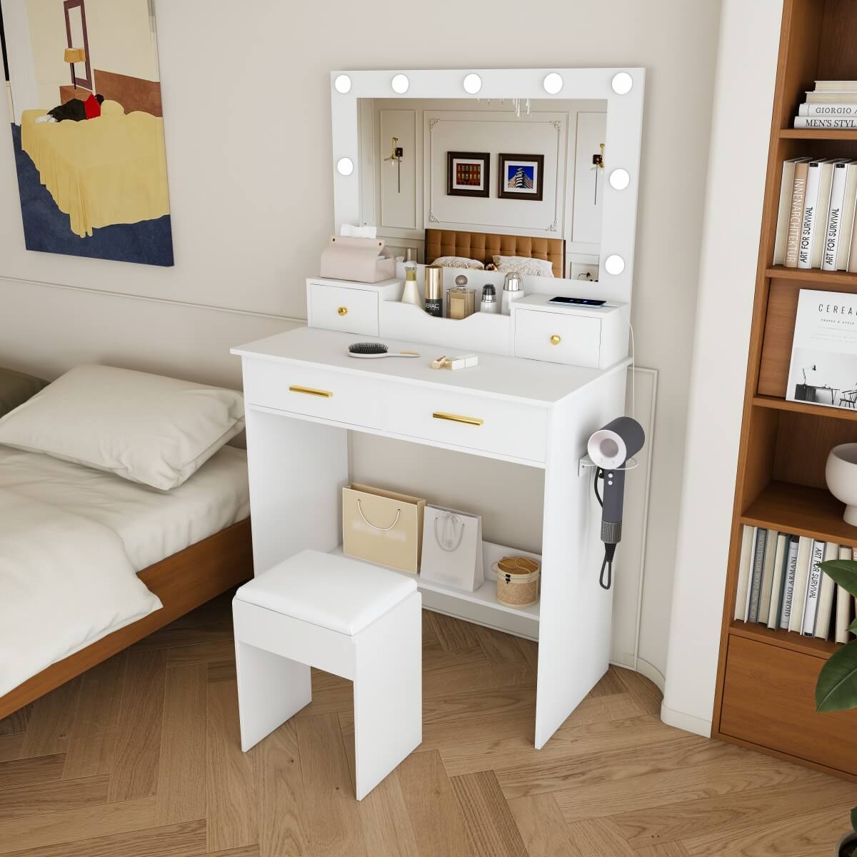 Makeup Vanity Desk with Mirror - 9 Hollywood Lights, 4 Drawers, Open Storage, Power Socket, Hair Dryer Holder & Stool, White