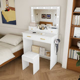 Makeup Vanity Desk with Mirror - 9 Hollywood Lights, 4 Drawers, Open Storage, Power Socket, Hair Dryer Holder & Stool, White