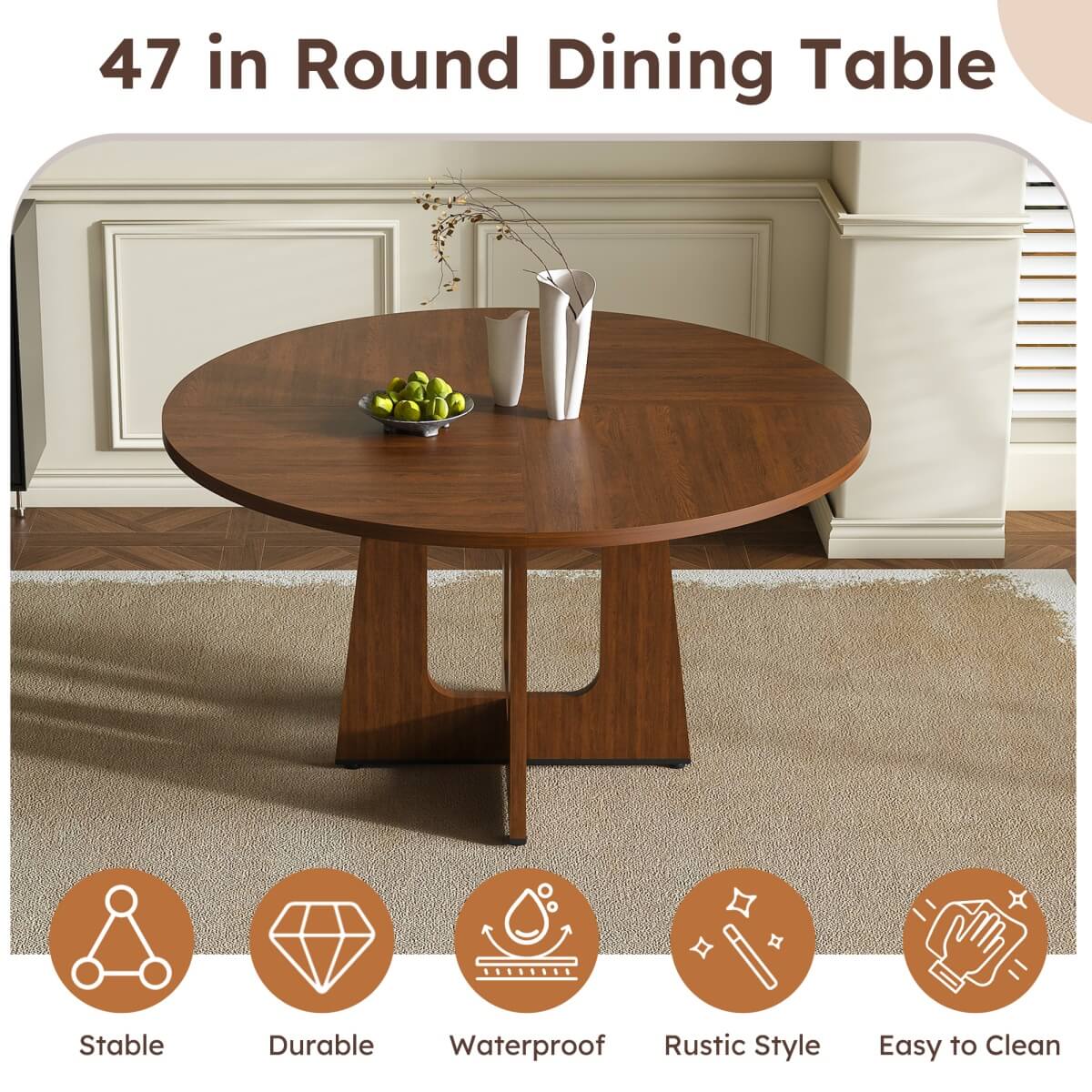 Round Dining Table for 4 - 47 Inch Farmhouse Kitchen Table with Wood Grain Finish, Circular Dining Table for Dining Room & Kitchen, Walnut