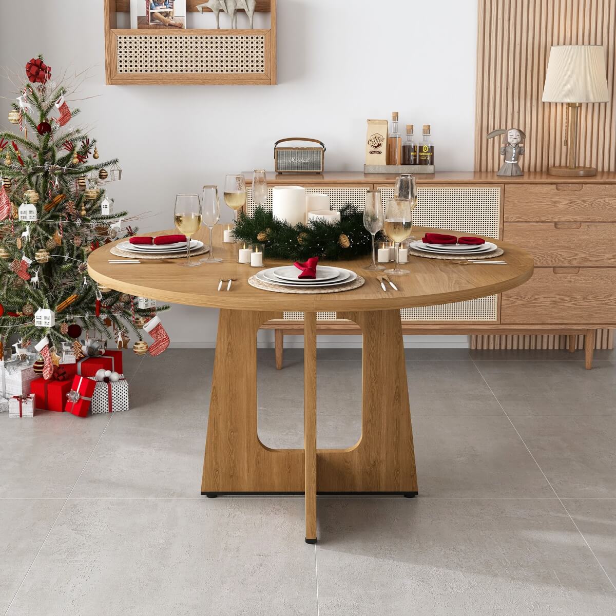 Round Dining Table for 4 - 47 Inch Farmhouse Kitchen Table with Wood Grain Finish, Circular Dining Table for Dining Room & Kitchen, Oak