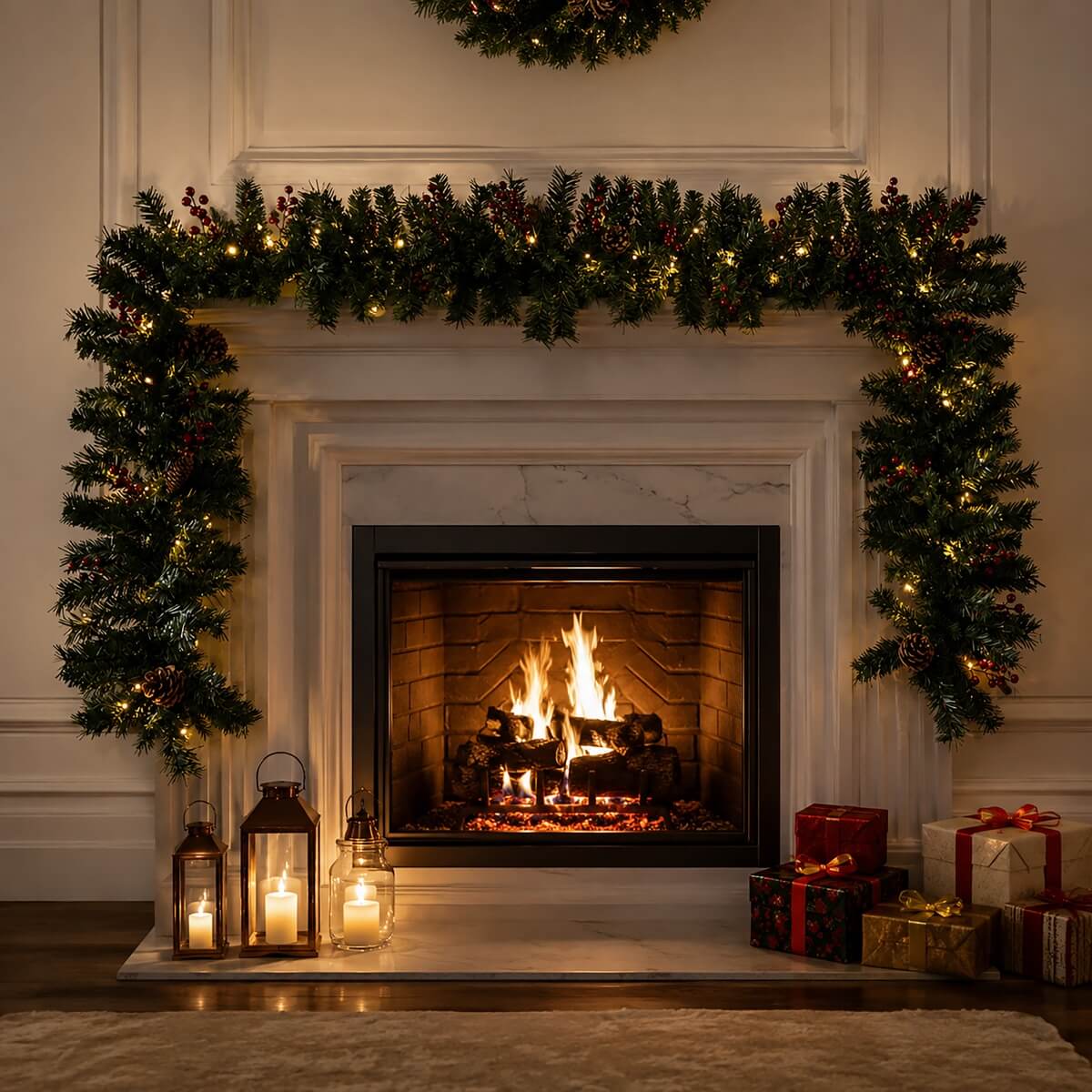 PVC Christmas Garland - Pine Cones & Red Berries with Pre-Lit LED Lights