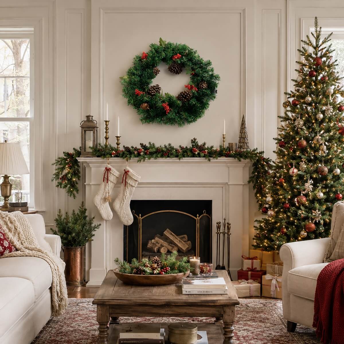 PVC & PE Evergreen Christmas Wreath with Red Berry Clusters & Pine Cones